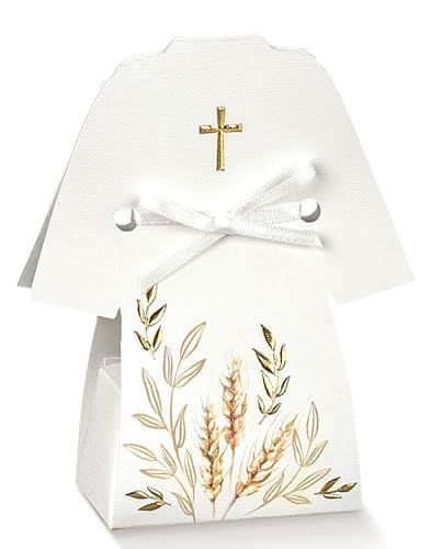 Lot de 20 boîtes en forme de tunique blanche porte-dragées pour communion avec carte imprimée offerte 12872