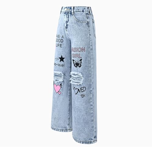 Girls Ripped Jeans Baggy Straight Leg Denim Pants Embroidered Graphic High Waist Streetwear Y2k Trousers with Pockets2