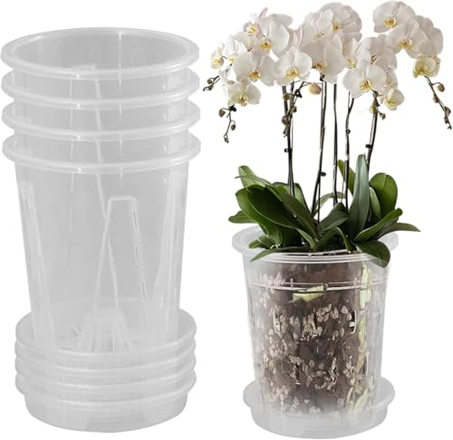 Orchid Pot 10pcs 4.7inch Clear Orchid Pots with Holes with Saucers, Plastic Orchid Planter, Slotted Flower Nursery Pot, Orchid Pots for Repotting
