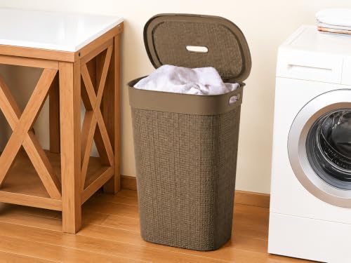 Image of KITCHIVO Plastic Large 55 Ltr Laundry Basket with Lid & Handle | Multipurpose Hamper Bins Storing Washable Clothes, Blankets | Household Ideal for Home & Bathroom (Woods Light Brown)