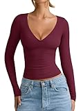 REORIA Womens Deep V Neck Long Sleeve Tee Shirts Casual Slim Fitted 2025 Winter Fall Fashion Going Out Tops Outfits Wine Red