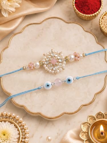 Image of Karatcart Rakhi for Brother Gold-Plated Kundan Rakhi Set of 2 with Roli Chawal