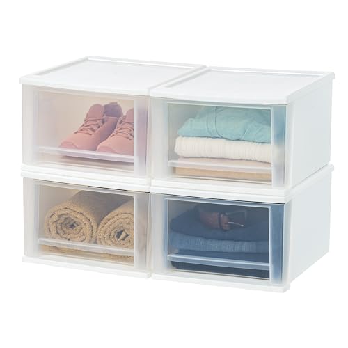 IRIS USA 17 Qt. Plastic Stackable Storage Drawers, Medium, 4 Pack, Multi-Purpose Bins for Bedroom, Bathroom, Closet, Dorm, Craft Room, Garage, Nursery, Office, Under Sink, White by IRIS USA - Used condition - CA$54.84