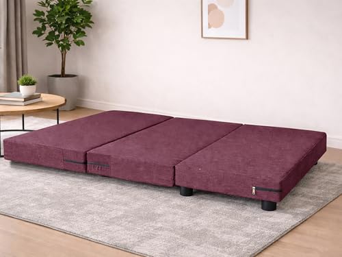 Image of Leg Sofa Cum Bed Single Seater | Foldable Floor Sofa Bed with Jute Fabric | Space Saving Convertible with Sturdy Legs for Living Room & Guest Room - Red