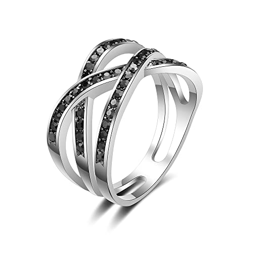 Image of Mytys Vintage Wide Ring Classic Black Marcasite Crystal Rows Statement Silver Chunky Rings