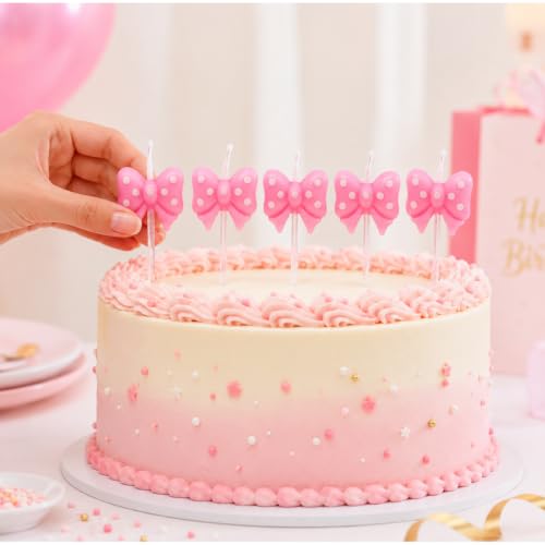 Image of Wanna Party Pink Bow Ribbon Shaped Cake Candles, Polka Dot Birthday Cake Topper Candles for Girls Birthday, Baby Shower, Princess Theme Party & Cake Decoration - Pack of 5