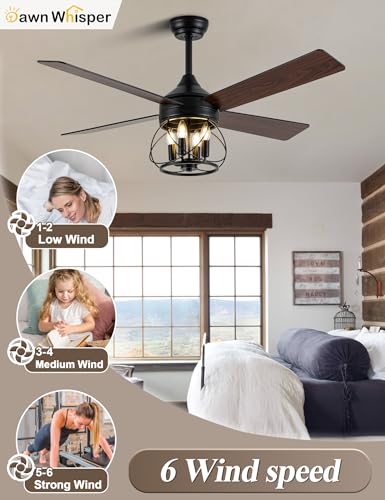 Image of Dawn Whisper 52 Inch Rustic Farmhouse Ceiling Fans with Lights and Remote Quiet and Reversible DC Motor Black Industrial Caged Ceiling Fan for Bedroom Living Room