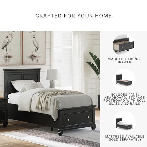 Image of Signature Design by Ashley Lanolee Twin Platform Storage Bed, Black | Hardwood solids with birch veneer and engineered wood, Extra deep footboard storage drawer, Platform design, Casual style