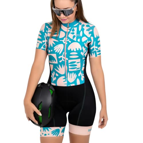Combinaison cyclisme une pièce femme jaune et rose à manches courtes