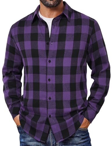 COOFANDY Mens Flannel Shirts Long Sleeve Plaid Button Down Shirts Casual Cotton Shirts Purple