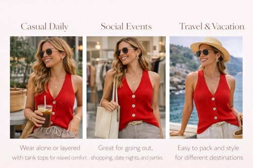 Image of Womens Button-Front Sweater Vest Top V Neck Sleeveless Knit Tank Fitted Halter Raceback Cardigan Vest