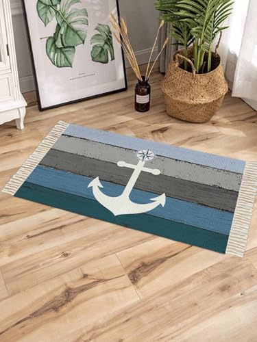 Blue Nautical Anchor Washable Entryway Runner Rugs, Backed Front Door
