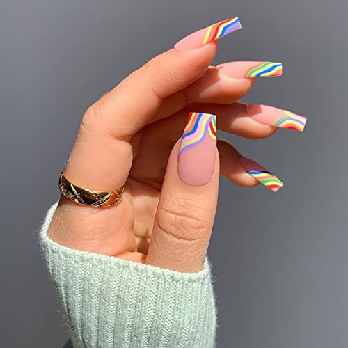 Vaveah 24 Pcs Pride Press On Nails Medium, Matte Cute Fake Nails With Glue, False Nails Glue On Nails For Women (Pink Colorful Rainbow) #TOP2
