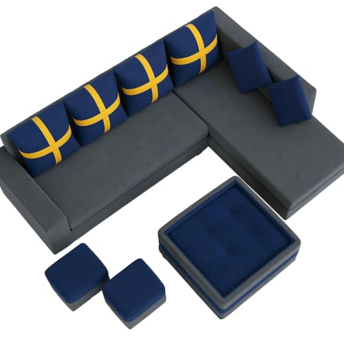 Image of FURNY Premium Arora 8 Seater Fabric RHS L Shape Sofa with 2 Ottoman + 1 Centre Table Ottoman Set for Living Room | with Velvet Fabric | in Dark Blue & Dark Grey Color | Durable Co