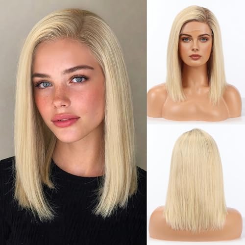 Image of Blonde Wig Human Hair Pre Plucked Straight Short Bob Wigs 5x6 UHD Lace Front Wigs Remy Real Human Hair for Women 14Inch