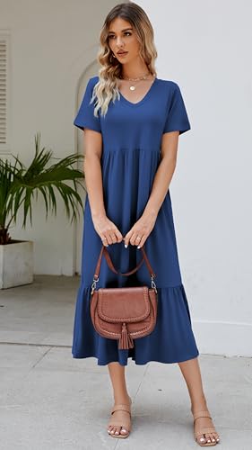 Women's 2025 Summer Short Sleeve V Neck Swing Dress Flowy Tiered Maxi Beach Sundress with Pockets2