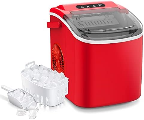 Ice Maker Machine Countertop, 26 lbs in 24 Hours, 9 Cubes Ready in 6 Mins, Self-Cleaning, Portable Ice Maker with Ice Scoop and Basket,RED