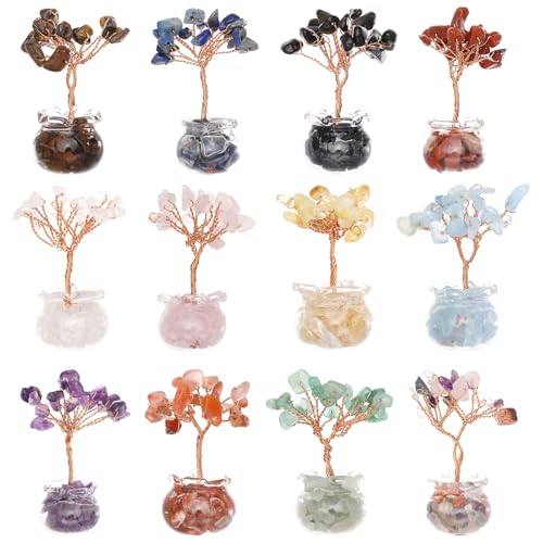 GLOBLELAND Juego de 12 piezas de árbol de cristal árbol de la vida con piedras preciosas cristales y piedras para oficina escritorio hogar decoración de estanterías para felicidad positiva regalos de