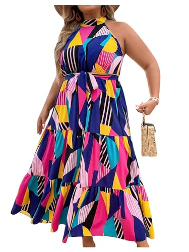 Image of Floerns Women's Plus Size Boho Sleeveless Halter Neck Tie Back A Line Long Dress