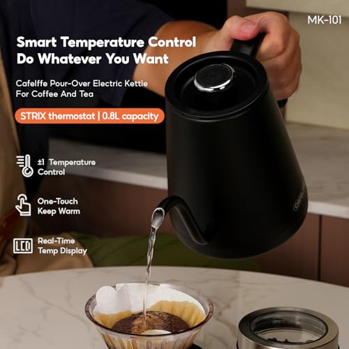 Cafelffe MK-101 Bouilloire électrique à bec verseur – Bouilloire à thé col de cygne en acier inoxydable de 0,8 L avec écran LED, contrôle de température de 40 à 95 °C, chauffage rapide de 1 500 W, noi – Image 3
