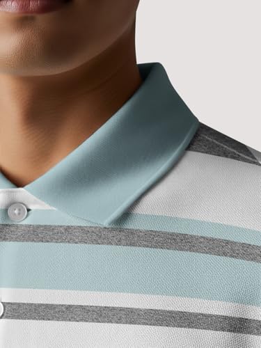 Image of BULLMER White Striped Printed Polo Neck Fullsleeve Tshirt with Rib for Men.