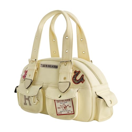 True Religion Satchel Bag, Multi-Patch Women's Handbag with Adjustable Shoulder Strap, Beige, One Size