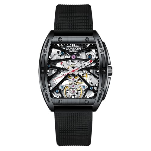 Guanqin Montre vintage pour homme à cadran squelette automatique à remontage mécanique avec bracelet en cuir, verre saphir, étanche, lumineuse, double...