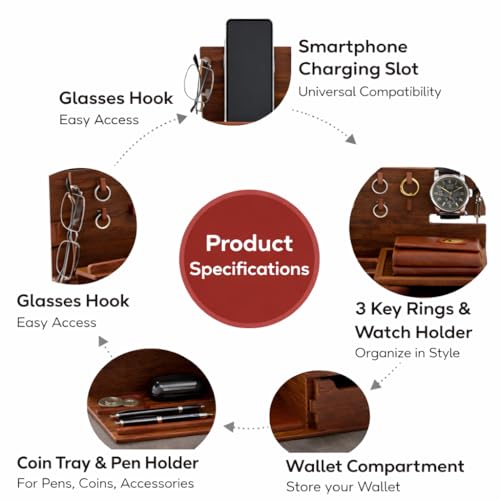 Image of Wooden Desk Organizer with Drawer & Phone Stand | Multipurpose Office Table Storage Holder | Compact Tabletop Organizer (11 x 8 x 6 Inch, Walnut Finish)