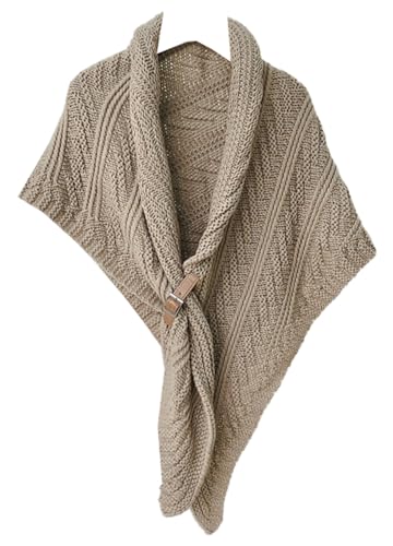 Women's Cable Knit Triangle Shawl Wrap Scarf Warm Winter Elegant Stylish Knitted Scarf with Leather Buckle