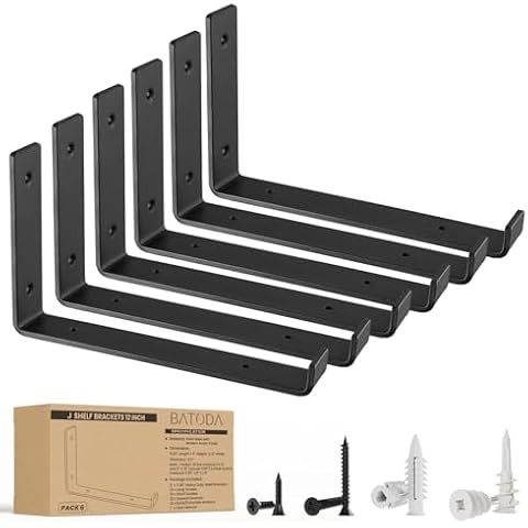 BATODA 12” Shelf Brackets with Lip (Match 11.25" Board) - 6 Pcs J Shelf Bracket Black - Heavy Duty Hook Brackets for Shelves - Wall Mounted Support for DIY - Shelving Hardware Included (Pack 6) Cover