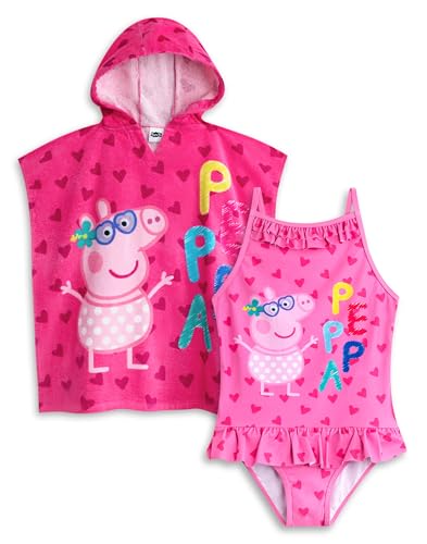 Peppa Pig Girls Swimsuit & Hooded Towel Poncho Toweling Robe Cover Up Set