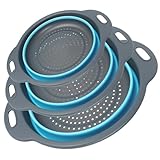 Cluren Collapsible Colander 3-Pack Set Space-Saving Foldable Kitchen Strainer with Non-Slip Base Durable Thickened PP+TPE Collapsible Strainers for Pasta, Vegetables, Fruits (Gray-Blue)