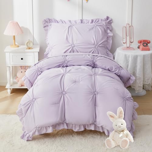 Image of Princess Toddler Bedding Set for Girls, 4 Piece Ruffles Jacquard Embroidery Toddler Bed Sheets with Boho Toddler Comforter, Fitted Sheet, Flat Sheet and Pillowcase, Purple