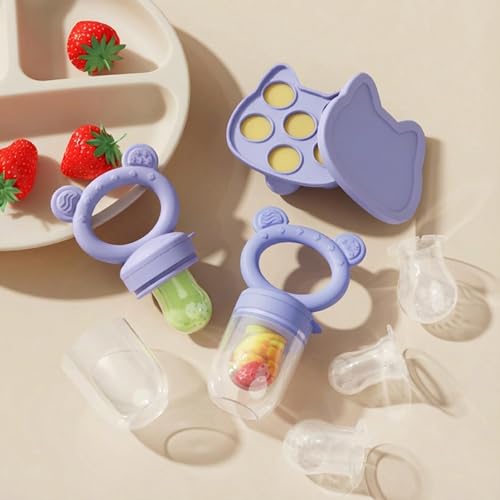 Image of Baby Breastmilk Popsicle Molds & Baby Fruit Feeder, Infant Food Freezer Tray Storage Containers, Silicone Teething Pacifier Feeder and Teether for Babies,Boys and Girls-Purple