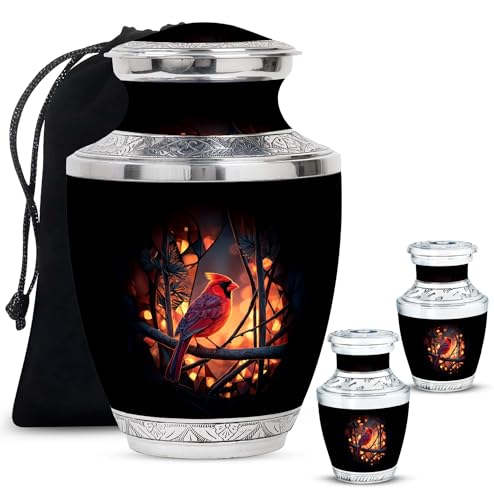 Image of Cardinal Bird Urn Small Burial Urn for Women & Men 1 Large & 2 Small | Decorative Funeral Urns, Large Cremations Urns