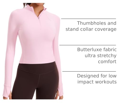 Image of CRZ YOGA Butterluxe Half Zip Crop Top | Workout, Extremely Soft, Slim Fit, Thumbholes, Side Pocket, Long Sleeve Shirts for Women