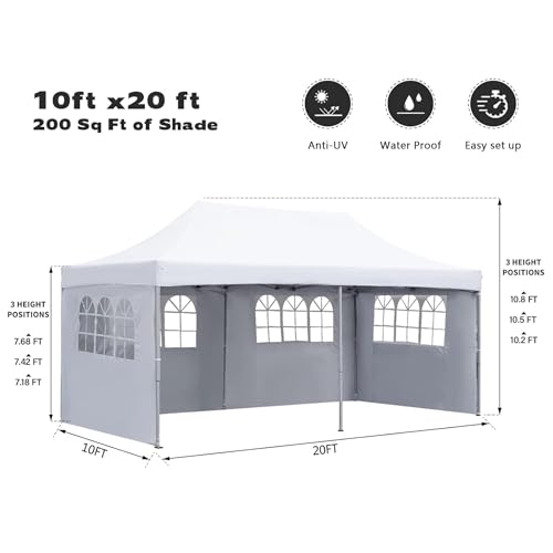 Image of 10x20ft / 3x6m Pop up Outdoor Canopy Tent | Portable Shade Instant Folding Gazebo Tent | Heavy Duty Gazebo Canopy Shelter 2 Mins Installation | White, 40Kgs (White with 3 Window Side Walls)