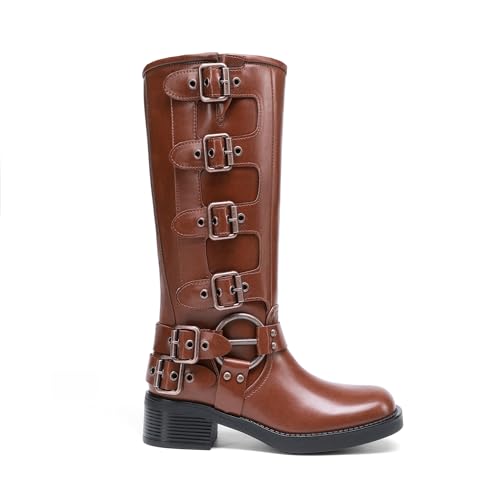 DREAM PAIRS Women's Knee High Biker Moto Boots,Brown,6.5 - image 9