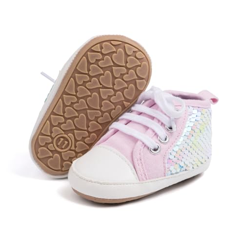 Babelvit Baby Boy Girl Soft Sole Canvas Sneakers Sparkle High Top Lace Up Infant Unisex Ankle Shoes Boots Toddler Newborn Prewalker First Baby Walking Crib Shoes