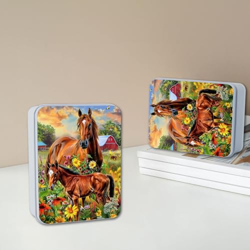 Image of Metal Tin Box with Lid for Game Cards Home Organizer Candles Keys Crafts Storage - Equipped with 4 Magnetic Cord Clips,Horses and flowers