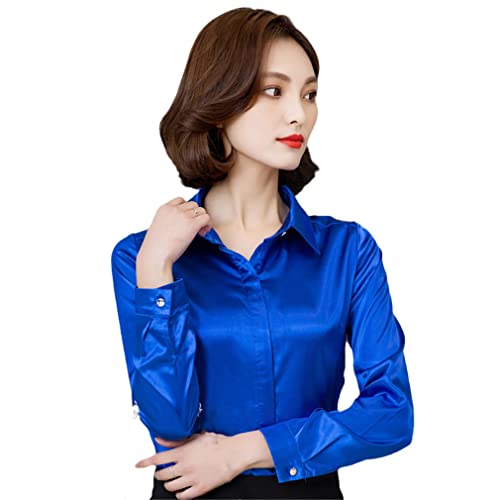 Camisas y blusas de seda de satén para mujer, de manga larga, de oficina, camisas para mujer, blusas para mujer, Azul Royal, Medium