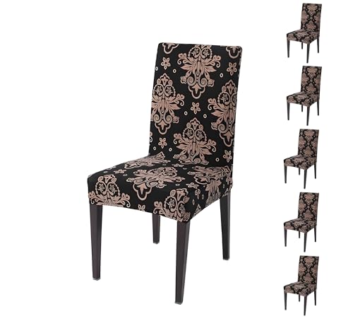 Image of Stretchable Dining Chair Cover - Washable, Removable, Anti-Slip, Protector, Universal Fit (Set of 6, Coffee Baroque Floral)