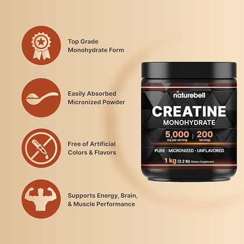 Image of NatureBell Creatine Monohydrate Powder 1,000g, 5,000mg Per Serving, 200 Servings (2.2 lb) | Micronized, Pure & Unflavored | Pre-Workout Muscle Support* | Keto, Vegan, Filler-Free