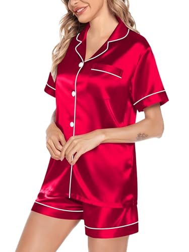 Image of SWOMOG Satin Matching Pajamas Sets Couple Silk Button Down Nightwear Women & Men Short Sleeve Sleepwear 2 Pieces Loungewear