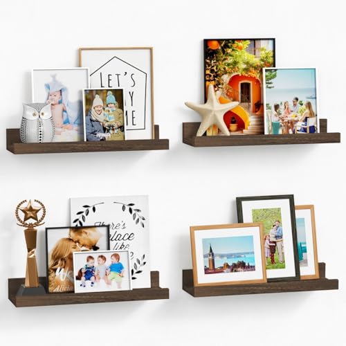 Image of Forbena Wooden Floating Shelves with Lip for Wall, Dark Brown Picture Ledge Shelf for Books Photo Framses, Rustic Farmhouse Hanging Wall Shelves for Bedroom Office Kitchen (Set of 4, Solid Wood)