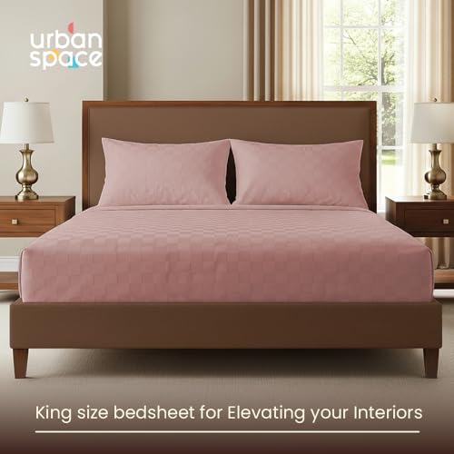 Image of Urban Space 100% Cotton 300TC Jacquard bedsheets for King Size Bed, Pure Cotton Bedsheet King Bed, Checks bedsheet King Size with 2 Pillow Covers (108 x 108 Inches, Dusty Pink Cubes)