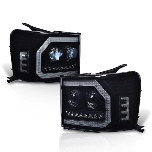 Image of GRAND ORANGE LED DRL Headlights Assembly Compatible with GMC Sierra 1500 2007-2013, Fit GMC Sierra 2500HD 3500HD 2007-2014 20980241 20980242 22853030 LH & RH Smoke Lens Black Housing White reflector