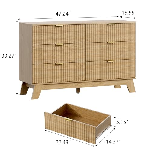 Image of Wodeer 6 Drawer Fluted Dresser for Bedroom, Mid Century Modern Wooden Dresser with 6 Drawers, Dressers & Chests of Drawers with Metal Handle, TV Stand & Storage Organizer for Entryway, Hallway, Oak