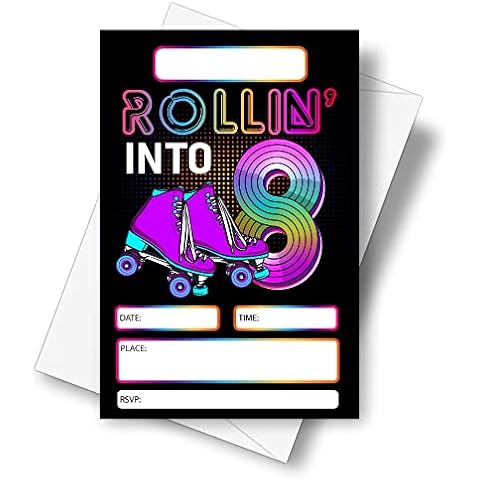 DETIHO 4" x 6" Roller Skating 8th Birthday Party Invitation Cards With Envelopes - Rolling Into 8 - Retro Roller Skate Party Invitation - 20 Sets - E53 Cover