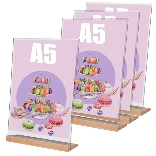 Yoosso A5 Tischaufsteller 4 Stück L Form Preisschilder Aufsteller A5 Acryl Fotoaufsteller Werbeaufsteller Display mit Holzfuß für Menükarte Cafe Restaurant Laden Hochzeit (21 x 14 8cm)
